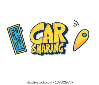 Car sharing emblem isolated on white background. Hand lettering with symbols. Carsharing concept. Vector stock illustration.