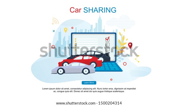 Car\
Sharing Flat Cartoon Banner Vector Illustration. Choosing Car for\
Rent or Buying. Computer Service, Website with Different Vehicles.\
Order Suitable Transport. Aotopool in Front\
Laptop.