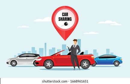 Car sharing flat color vector illustration. Man holding keys 2D cartoon character with cityscape on background. Ride share, carpooling service. Automobile dealership service, group transport rent