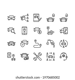 Car sharing flat line icons set. Collaborative consumption, car rental service, key, blocked car, pointer, searching of car. Simple flat vector illustration for store, web site. Editable stroke