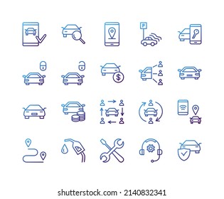 Juego de iconos de línea plana para compartir auto. Consumo colaborativo, servicio de alquiler de coches, llave, coche bloqueado, puntero, búsqueda de coche. Simple ilustración vectorial plana para tienda, sitio web o aplicación móvil.