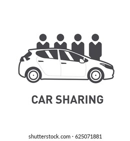 Car Sharing. Group Of People Behind Car. Flat Design. Line Icon