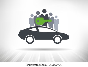 Car Sharing. Group of people with shared key behind car