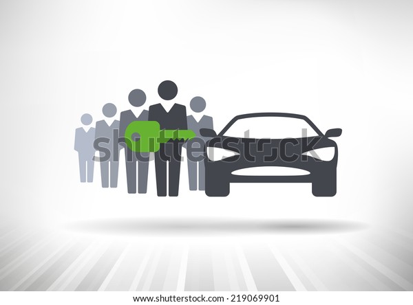 Car\
Sharing. Group of people with shared key next to\
car