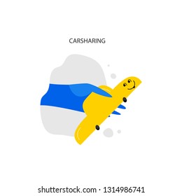 Car sharing hand drawn vector illustration. Hand holds vehicle flat drawing. Smiling automobile kawaii character. Carsharing typography lettering. Auto rental cartoon clipart. Isolated design element