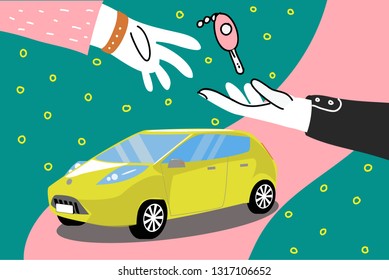 Car sharing hand holding auto keys. Practice of share automobile for regular traveling or commuting flat style concept vector illustration. 