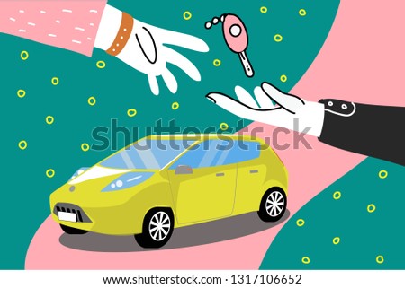 Car sharing hand holding auto keys. Practice of share automobile for regular traveling or commuting flat style concept vector illustration. 