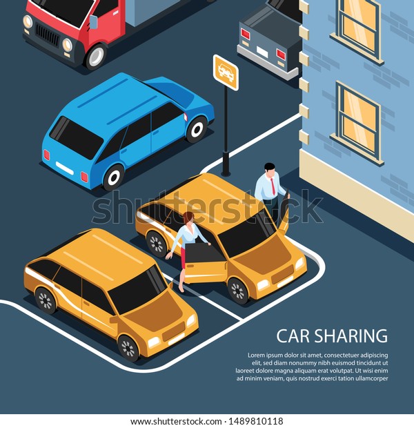 Car sharing home area city service isometric composition\
with colleagues man woman stepping into vehicle vector illustration\

