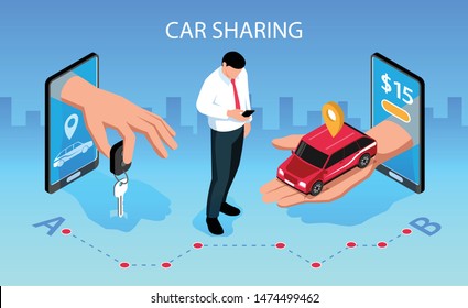 Car sharing horizontal isometric composition with mobile smartphone apps handing over vehicle key to customer vector illustration 