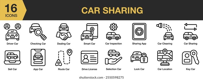 Conjunto de iconos de coche compartido. Incluye el conductor, el comercio, la comprobación, la Licencia, el App, la venta, la ruta y más. Colección de Vector de iconos de contorno.