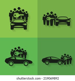 Car Sharing Icons. Set of four icons with groups of people with shared key next to or behind cars 