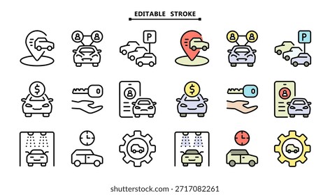 Car Sharing icons set includes driver, dealing, checking, license, app, sell route. Editable stroke. Related car rent, repair, transport and travel.