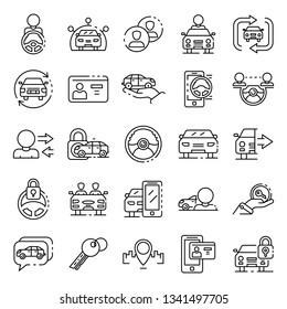 Car sharing icons set. Outline set of car sharing vector icons for web design isolated on white background