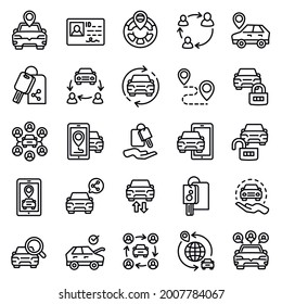 Iconos de uso compartido de coches. Conjunto de esquemas de iconos vectoriales de uso compartido de coches para diseño web aislado en fondo blanco