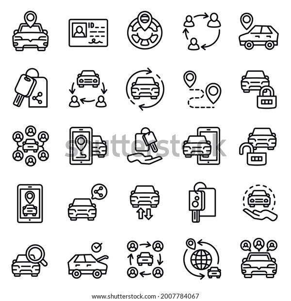 Car sharing icons\
set. Outline set of car sharing vector icons for web design\
isolated on white\
background
