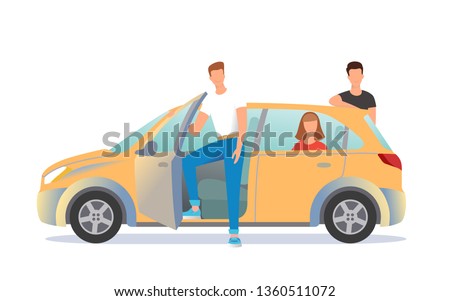 Car sharing illustration. A driver is getting into the car. A guy standing outside. A girl sitting inside. Young people are ready to move off. Vector illustration.