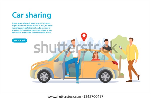 Car sharing illustration. A group of people near
the car. Share automobile for commuting. Renting a car using a
mobile application. You can use for a landing page, web, UI, mobile
app, banner, flyer.