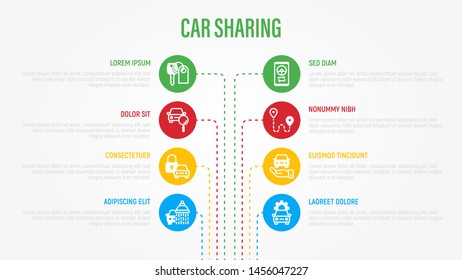 Car sharing infographics with thin line icons in circles. Business data visualization. key, car inspection, open and close car, sync. Vector illustration for presentation.