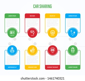 Car sharing infographics with thin line icons in circles. Business data visualization. Driver license, key, car inspection, open and close car, sync. Vector illustration for presentation.