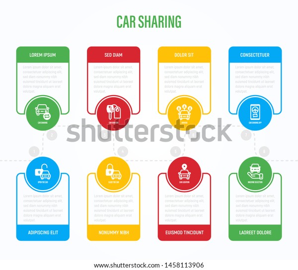 Car\
sharing infographics with thin line icons in circles. Business data\
visualization. Driver license, key, car inspection, open and close\
car, sync. Vector illustration for\
presentation.