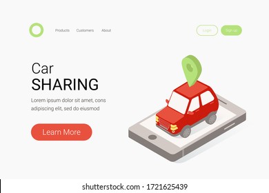 Car sharing isometric concept. Red car, smartphone and map mark. Modern auto rental car. Trendy flat 3d isometric style. Landing page template. Vector illustration.