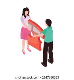 Car sharing isometric concept with two people holding automobile puzzle piece 3d vector illustration