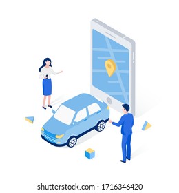 Car sharing isometric concept. Woman and man picking up carsharing vehicle. Modern auto rental car. Trendy flat 3d isometric style. Vector illustration.