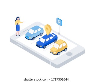 Car sharing isometric concept. Woman in a parking lot looking for a car with map mark. Modern auto rental car. Trendy flat 3d isometric style. Vector illustration.