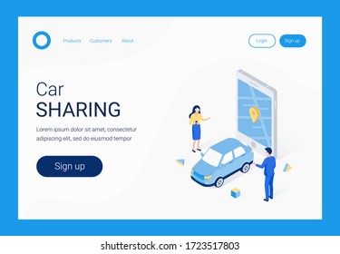 Car sharing isometric concept. Woman and man picking up carsharing vehicle. Modern auto rental car. Trendy flat 3d isometric style. Landing page template. Vector illustration.