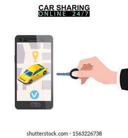 Car sharing isometric. Hand hold key smartphone screen with city map route and points location yellow car. Online mobile application order service. Vector illustration for car sharing service