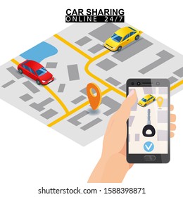 Car sharing isometric. Hand hold smartphone screen with city map route key and points location car. Online mobile application order service. Vector illustration for car sharing service advertisement