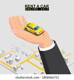 Car sharing isometric. Hand hold yellow car with city map route. Online mobile application order service. Vector illustration for car sharing service advertisement, promotion