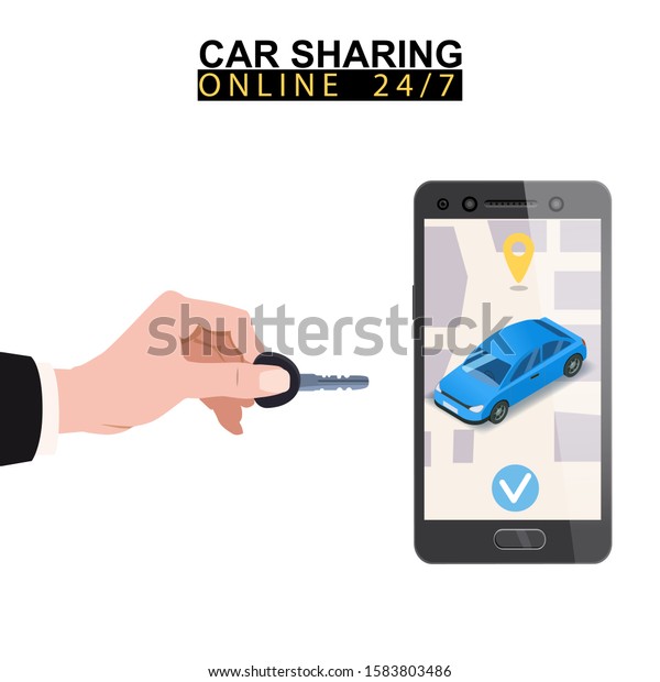 Car
sharing isometric. Hand hold key smartphone screen with city map
route and points location blue car. Online mobile application order
service. Vector illustration for car sharing
service