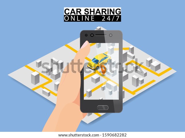 Car\
sharing isometric. Hand hold smartphone screen with city map route\
and points location yellow car. Online mobile application order\
service. Vector illustration for car sharing\
service