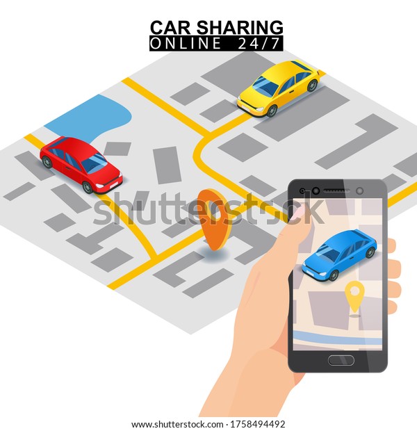 Car sharing isometric. Hand hold smartphone\
screen with city map route and points location blue car. Online\
mobile application order service. Vector illustration for car\
sharing service\
advertisement