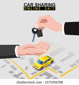 Car sharing isometric. Hand transfers car keys to another hand with city map route and points location yellow car. Online mobile application order service. Vector illustration for car sharing service
