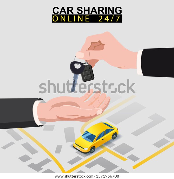 Car sharing isometric. Hand transfers car keys to\
another hand with city map route and points location yellow car.\
Online mobile application order service. Vector illustration for\
car sharing service