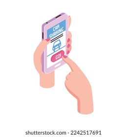 Icono isométrico de uso compartido de automóviles con mano humana contratando automóviles en ilustración de vector de smartphone