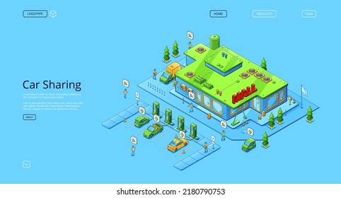 Car sharing isometric landing page with electric automobiles charging on parking near mall building with vehicles and people around. service for rent and share auto, 3d vector line art web banner