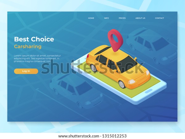 Car sharing isometric landing page template.\
Parking line with cars on a smartphone with geotag. Isometric map\
background. Eps10 vector