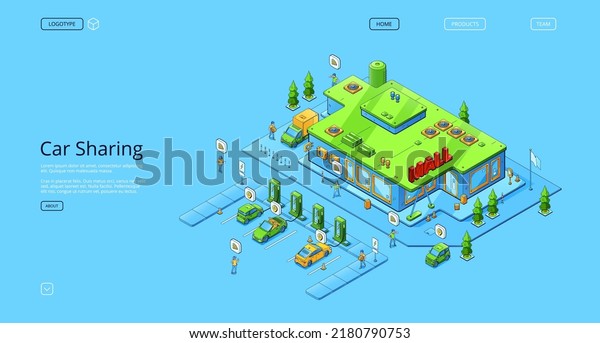 Car sharing isometric landing page with electric\
automobiles charging on parking near mall building with vehicles\
and people around. service for rent and share auto, 3d vector line\
art web banner