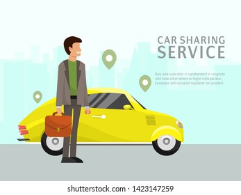 Car sharing landing page online transportation concept vector illustration. People use website to order online transportation car based on GPS. Man near urban auto design.