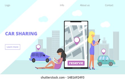 Car sharing landing page and online rent service advertising web page. Tiny girls are standing on road, near big smartphone. People are trying find available auto. Business concept for mobile app.