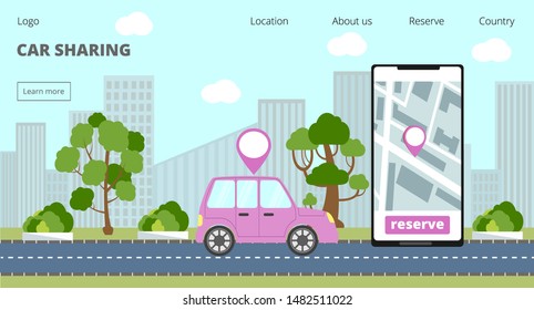 Car sharing landing page and online rent service advertising web page. Big smartphone and available auto are on the city road. Business concept for mobile app.