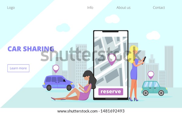 Car sharing landing page and online rent service
advertising web page. Tiny girls are standing on road, near big
smartphone. People are trying find available auto. Business concept
for mobile app.
