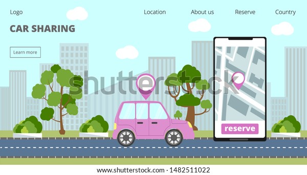 Car sharing landing page and\
online rent service advertising web page. Big smartphone and\
available auto are on the city road. Business concept for mobile\
app.