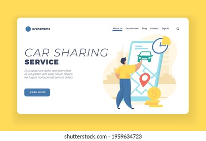 Car sharing landing page website banner template. Male cartoon character using online carsharing mobile application. Taxi order service. Smartphone with map and location pin. Cars rental and exchange