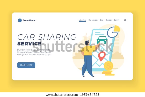 Car sharing landing page website banner\
template. Male cartoon character using online carsharing mobile\
application. Taxi order service. Smartphone with map and location\
pin. Cars rental and\
exchange