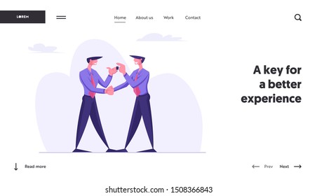 Car Sharing, Leasing or Purchasing New Automobile Website Landing Page. Business Man Giving Keys to another Businessman. Dealer Agent and Customer Deal Web Page Banner. Flat Vector Illustration