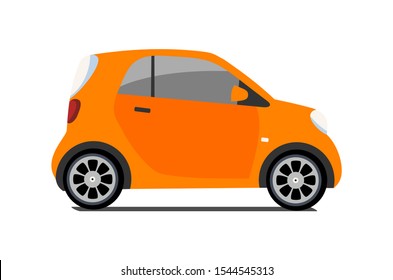 Car sharing logo, vector city micro orange car. Eco vehicle cartoon icon isolated on white background. Cartoon vector illustration with urban ecological transport. Cute vector smart car illustration.